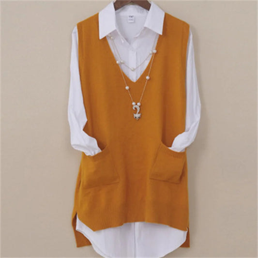 Women’s Long Knitted Vest: V-Neck Solid Sleeveless Pullover with Pockets