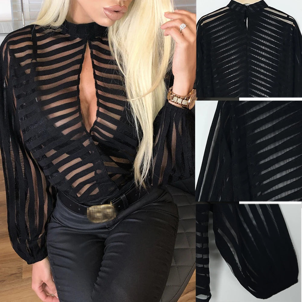 Sheer Mesh Long Sleeve Top – Black Hollow Front Blouse
