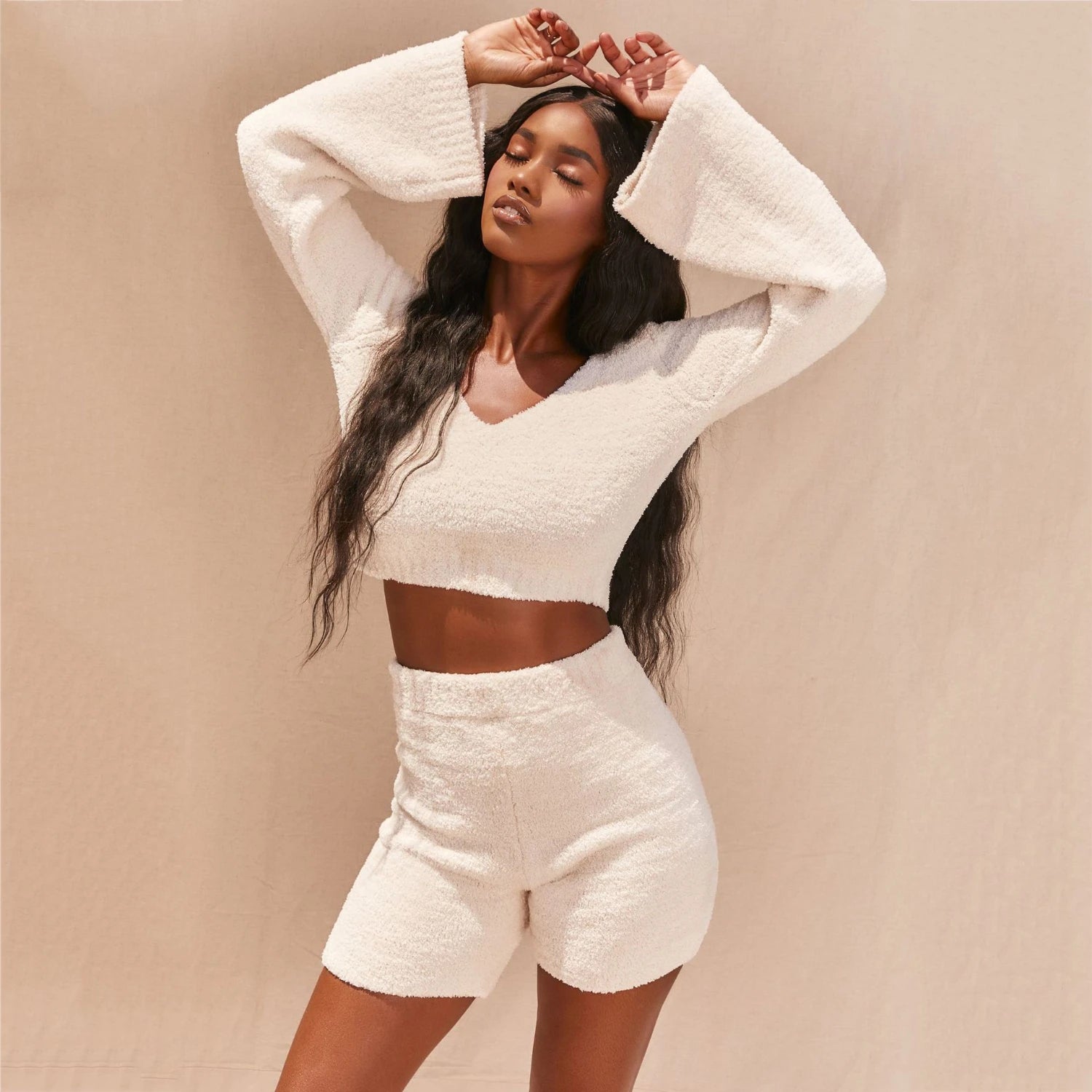 Casual Two Piece Sets Flare Sleeve Sweatshirts 2 Piece Shorts Set Sexy Fluffy Suits Lounge Set - Mammalook