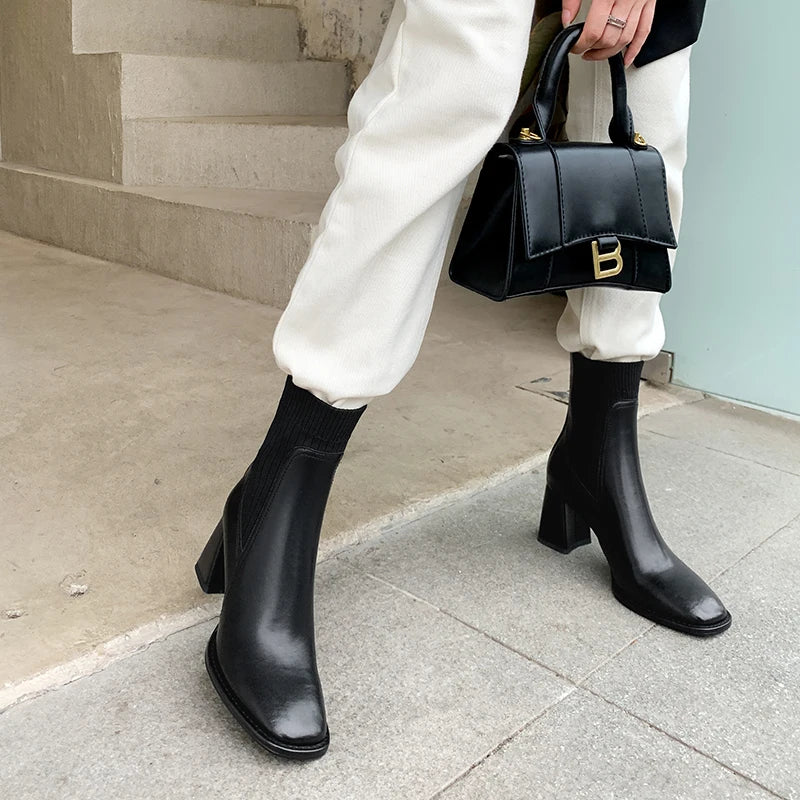 Women’s Genuine Leather Ankle Boots – Knitted High Heel Office Shoes