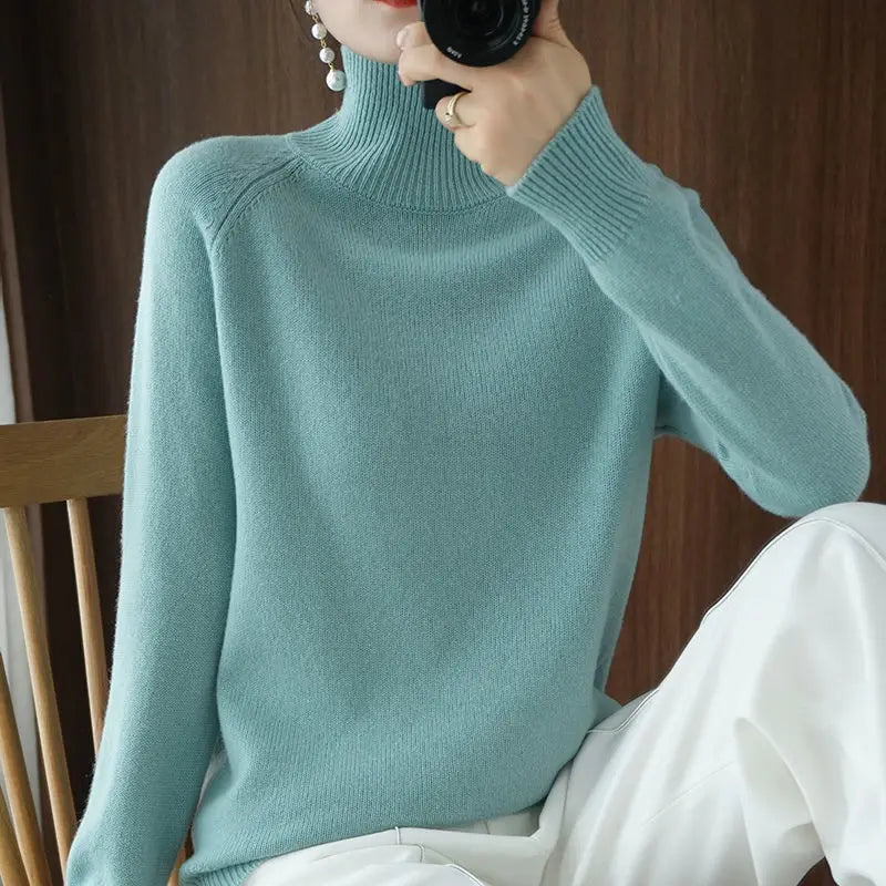 Turtleneck Pullover Fall/winter 2024 Cashmere Sweater Women Pure Color Casual Long-sleeved Loose Pullover Bottoming Women's - Mammalook