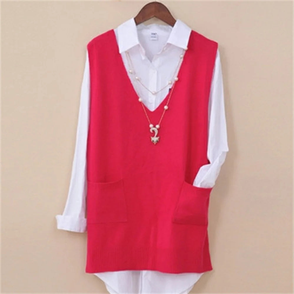 Women’s Long Knitted Vest: V-Neck Solid Sleeveless Pullover with Pockets