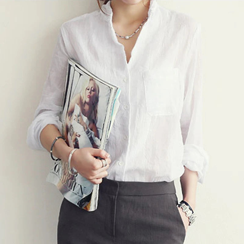 Chemisier Femme Womens Tops Fashion 2024 Summer Linen White Shirt Women Long Sleeve Blouse Korean Woman Clothes Roupas Femininas - Mammalook