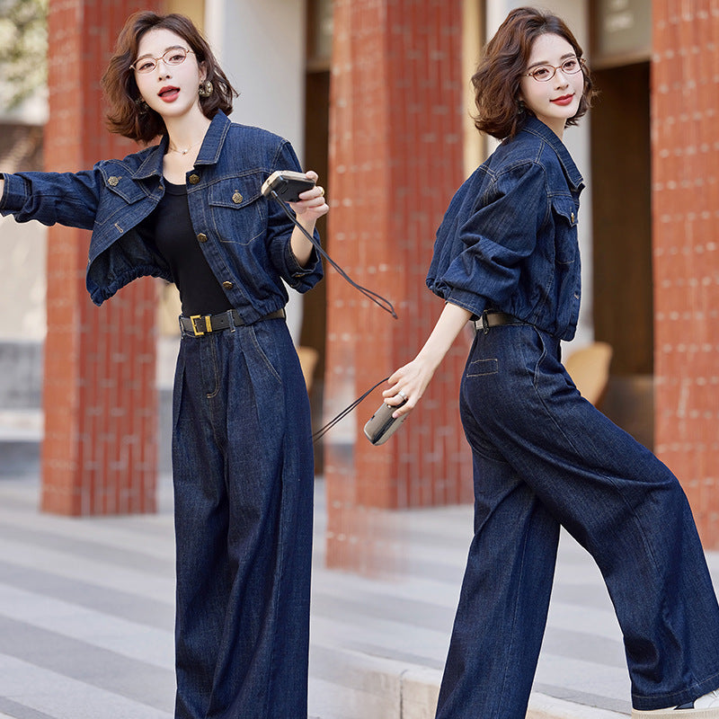 Elegant Denim Jacket & Wide-Leg Pants Two-Piece Suit