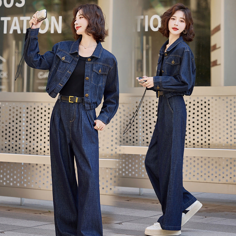 Elegant Denim Jacket & Wide-Leg Pants Two-Piece Suit