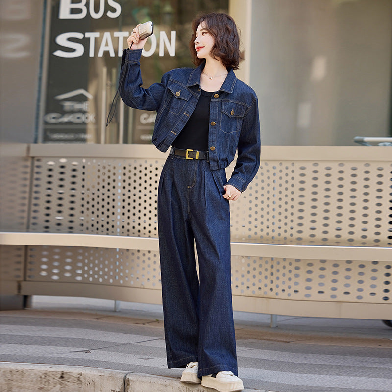 Elegant Denim Jacket & Wide-Leg Pants Two-Piece Suit