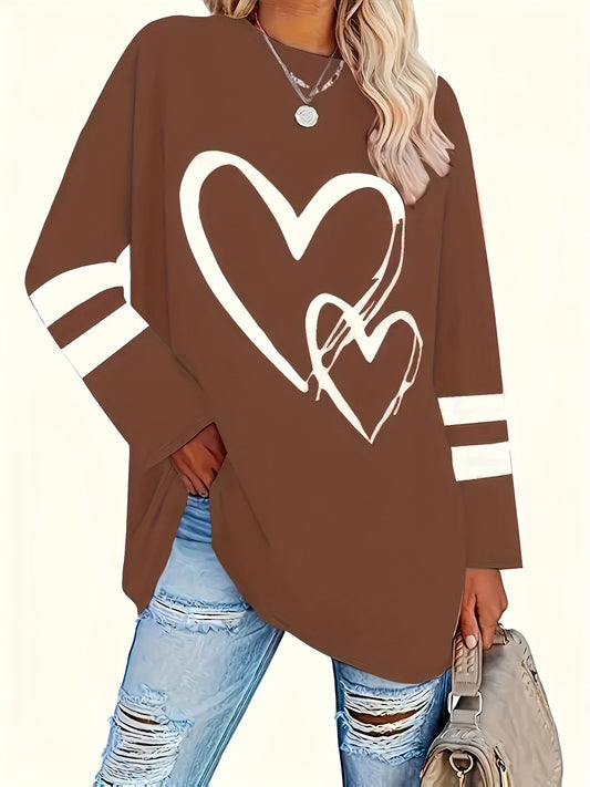 Plus Size Heart Eyelet Long Sleeve Top – Casual Autumn/Winter Tee