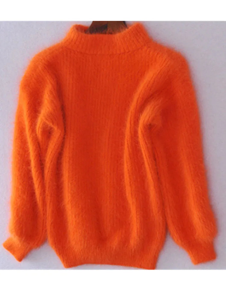 White Mohair Thicken Turtleneck Sweater Autumn Winter Sweet Fashion Lantern Sleeve Casual Solid Color Pullover pull femme - Mammalook