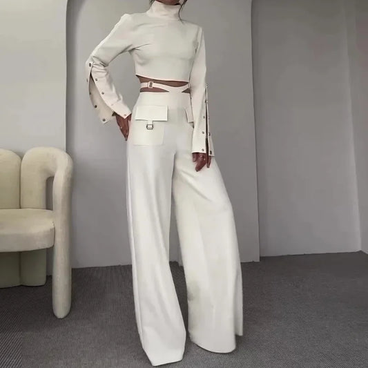 Two-Piece Sets - Turtleneck Full Sleeve Tops, Wide Leg Long Pants Loose