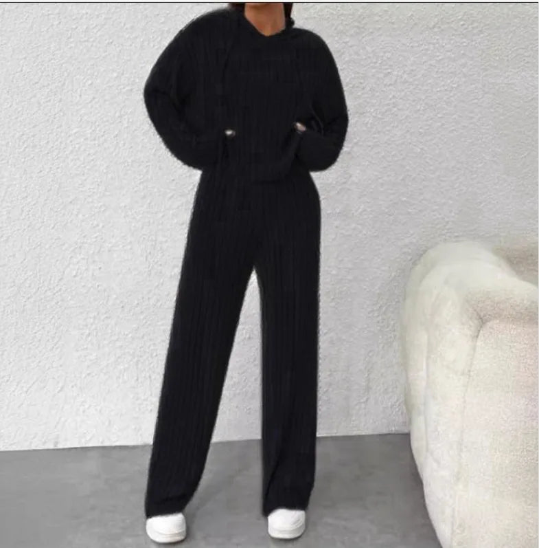 Two-piece Set - Casual Knitted Striped Hooded Sweatshirt Loose Long Sleeved, Long Pants