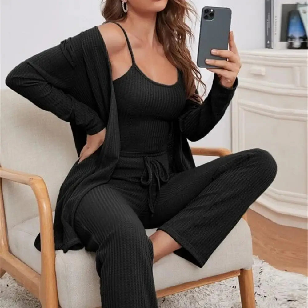 3-Piece Set - Sleeveless Tank Crop Top With Leg Waist Pants + Long Sleeve Cardigan Coat