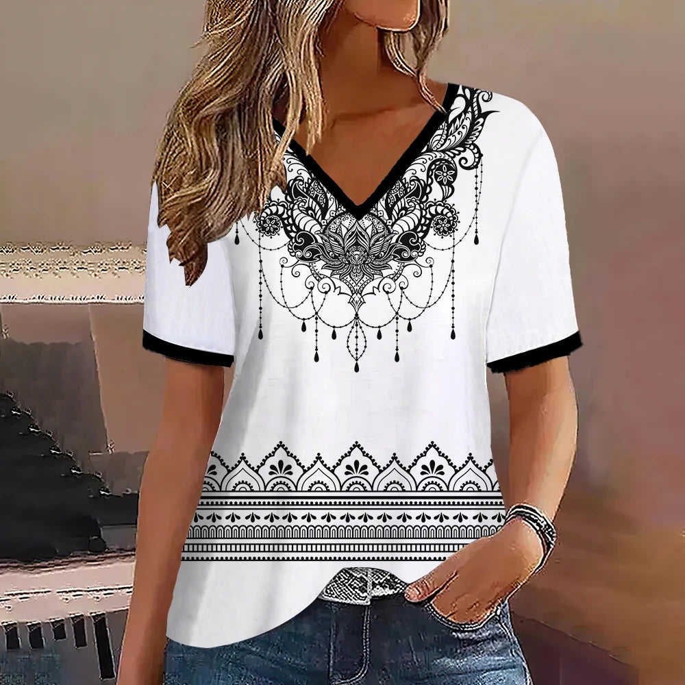 Fashion Women T Shirt Stripes Print Gradient V Neck Short Sleeve Basic Tops Streetwear Summer Oversized Clothing Female T-Shirts - Mammalook