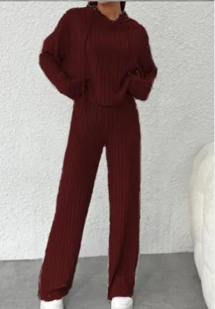 Two-piece Set - Casual Knitted Striped Hooded Sweatshirt Loose Long Sleeved, Long Pants