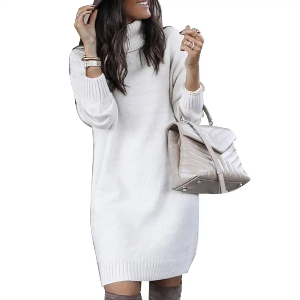 Women's Turtleneck Knitted Sweater Dress – Loose Fit Knee-Length Winter Pullover