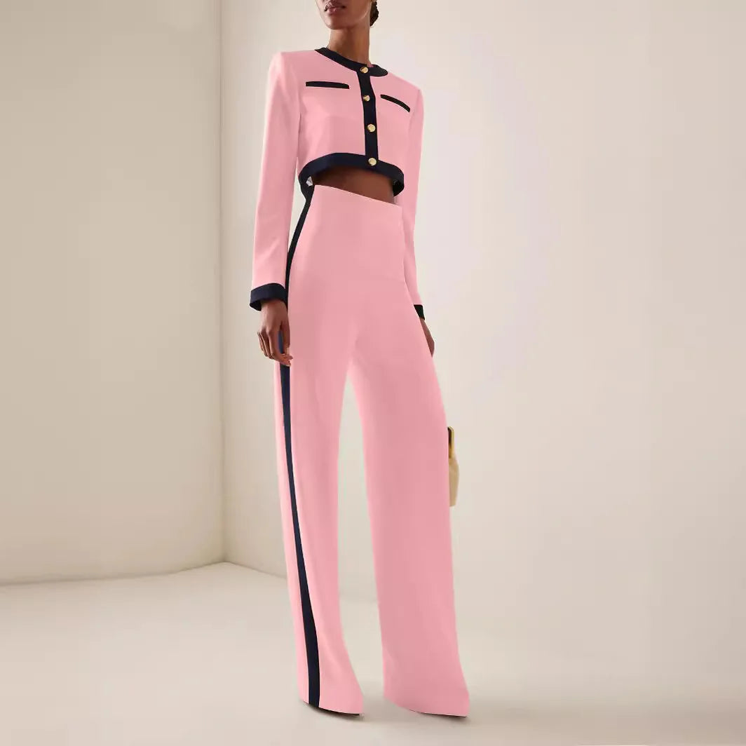 Two-Piece Set: Round Neck Long Sleeve Button-Up Top with Loose Wide-Leg Pants