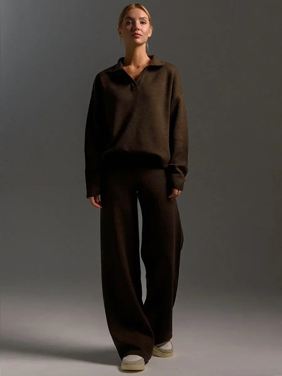 Two-Pieces Set -  Polo Neck Sweater & Wide Leg Pants Knitted Outfit