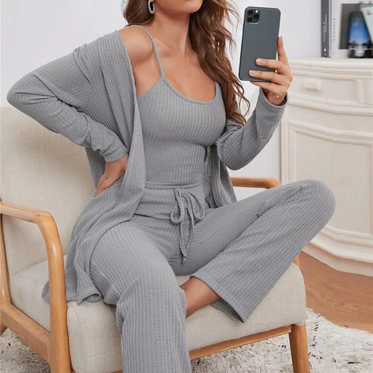 3-Piece Set - Sleeveless Tank Crop Top With Leg Waist Pants + Long Sleeve Cardigan Coat