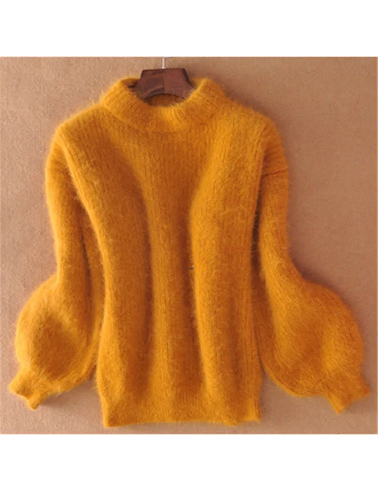 White Mohair Thicken Turtleneck Sweater Autumn Winter Sweet Fashion Lantern Sleeve Casual Solid Color Pullover pull femme - Mammalook