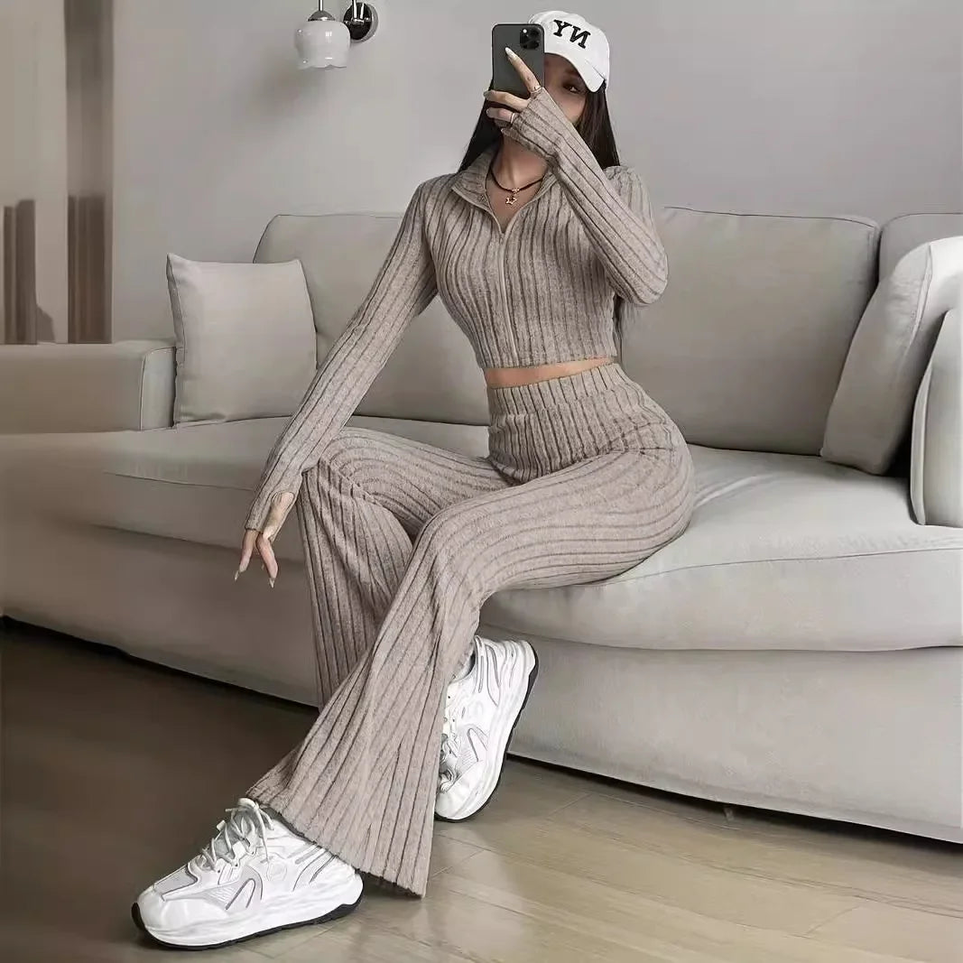 2-Piece Set: Zipper Long Sleeve Cropped Top and High-Waisted Bell-Bottom Pants