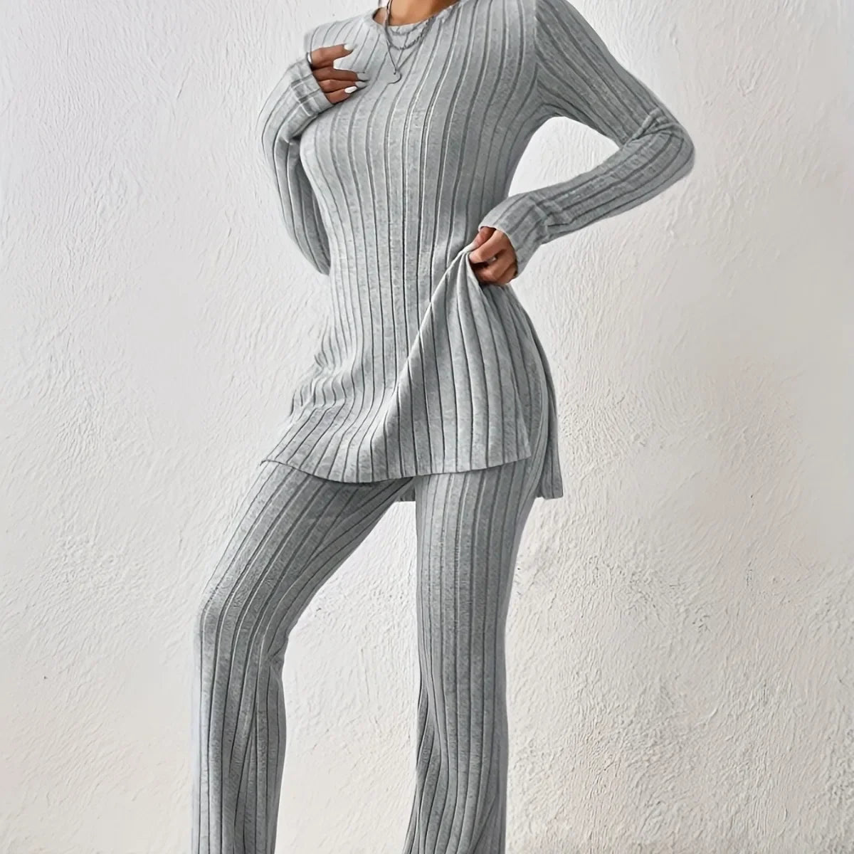 Ribbed Knit Loungewear Set – Long Sleeve Top & Trousers