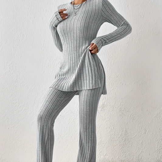 Ribbed Knit Loungewear Set – Long Sleeve Top & Trousers