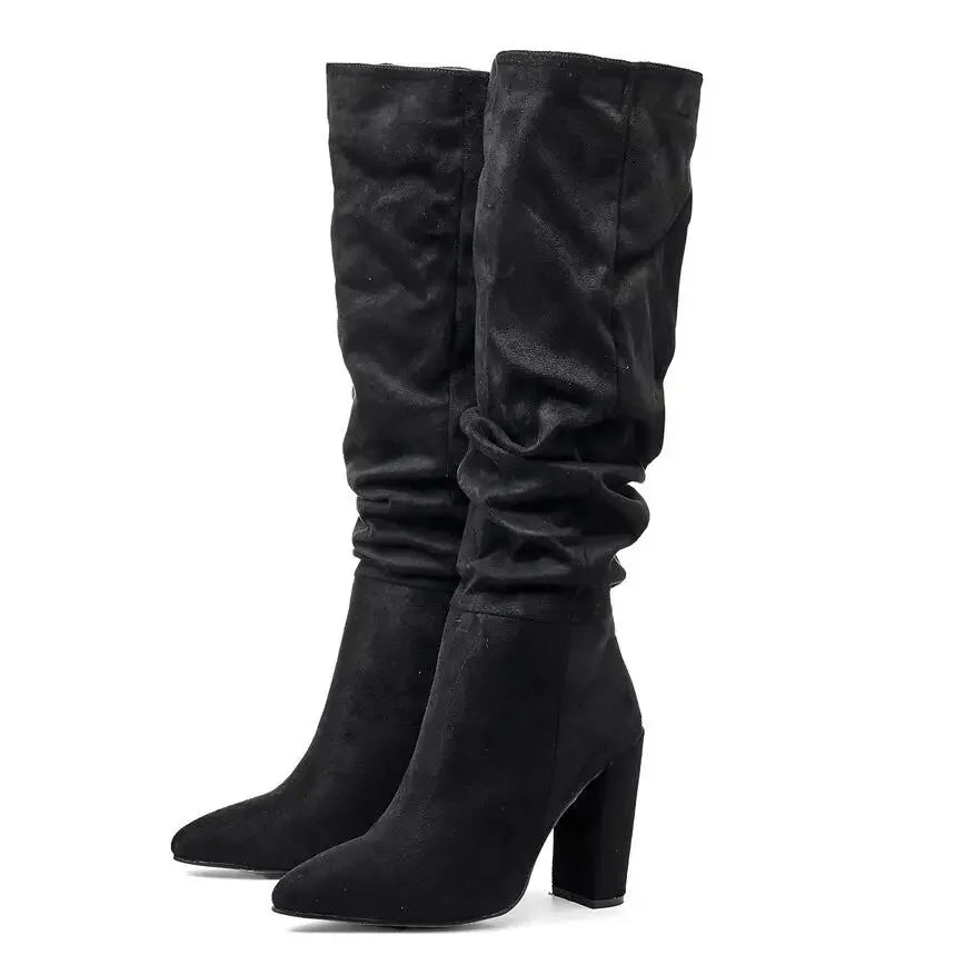 High-quality Leather/suede Pleated Knee-High Boots for Womens Sexy Pointed Toe 10CM Chunky Heels Knight Boots Winter New - Mammalook