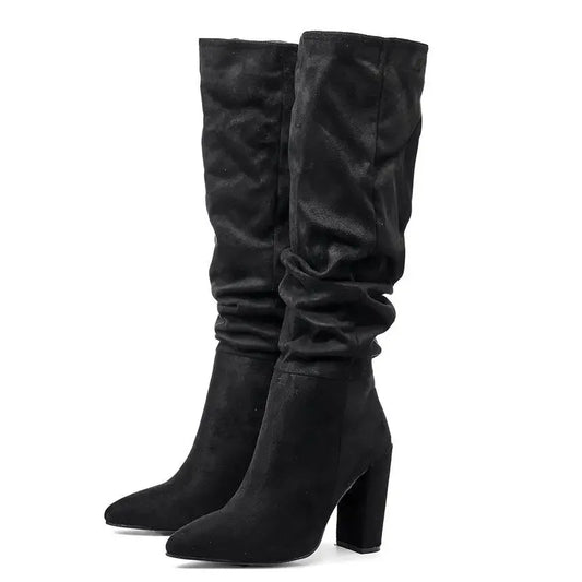High-quality Leather/suede Pleated Knee-High Boots for Womens Sexy Pointed Toe 10CM Chunky Heels Knight Boots Winter New - Mammalook