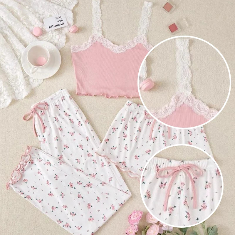 3-Piece Women’s Sleepwear Set – Ribbed Cami, Shorts & Trousers