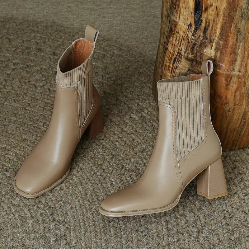 Women’s Genuine Leather Ankle Boots – Knitted High Heel Office Shoes