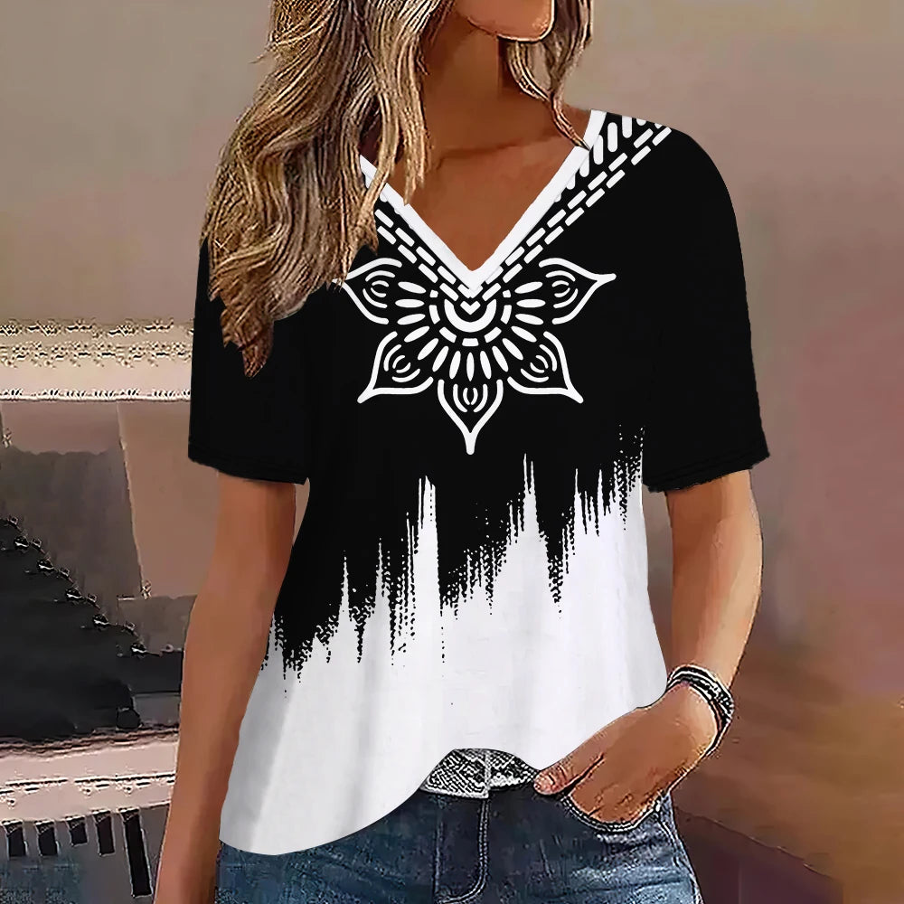 Fashion Women T Shirt Stripes Print Gradient V Neck Short Sleeve Basic Tops Streetwear Summer Oversized Clothing Female T-Shirts - Mammalook
