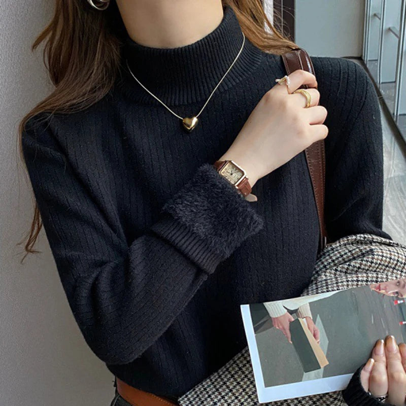 Women's Turtleneck Sweater Winter Retro Red With Velvet Lining Thickened Wear Knitting Thermal Bottoming Shirt - Mammalook