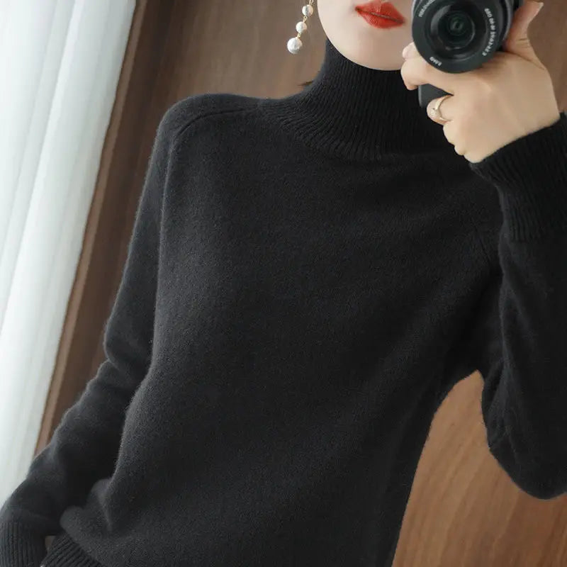 Turtleneck Pullover Fall/winter 2024 Cashmere Sweater Women Pure Color Casual Long-sleeved Loose Pullover Bottoming Women's - Mammalook