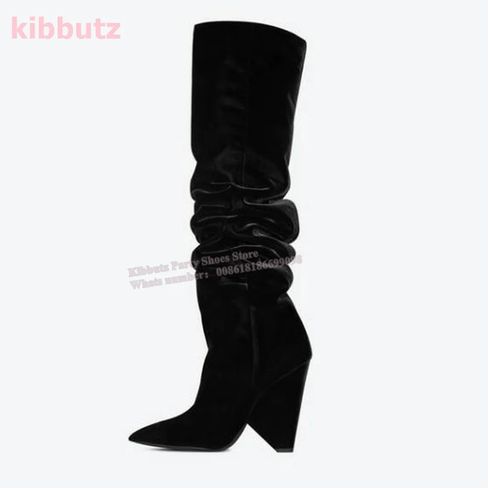 Over The Knee Boots Genuine Leather Pleated Solid Color Brown Pointed Toe Kitten Heel Fashion Sexy Elegant Women Shoes Newest - Mammalook