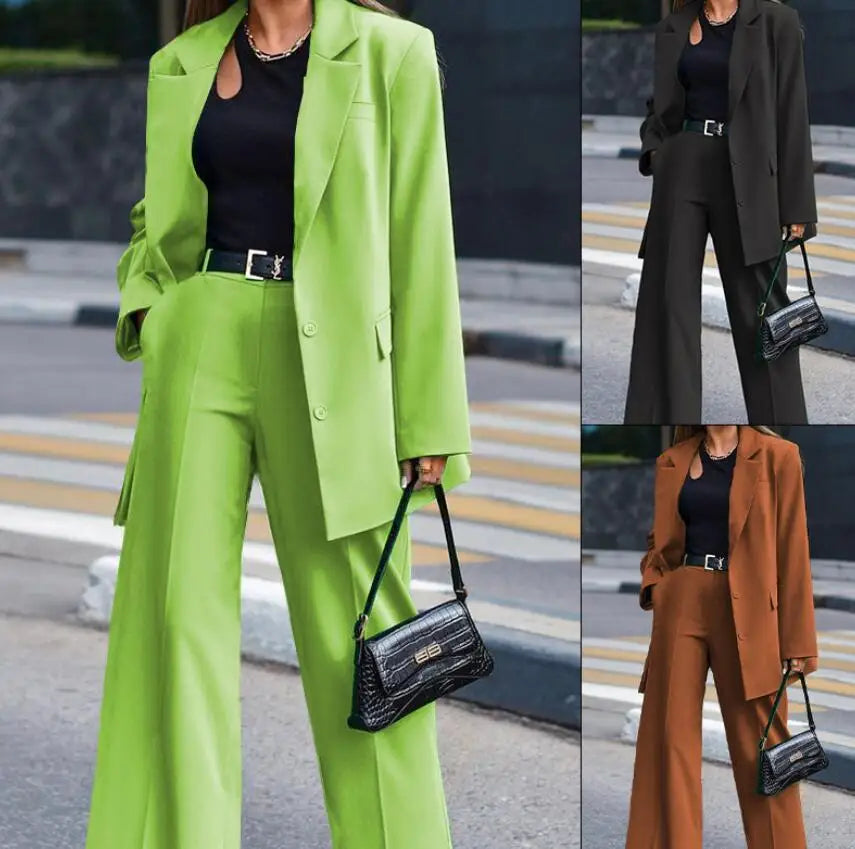Solid Turn-Down Collar Coat & Wide Leg Trousers