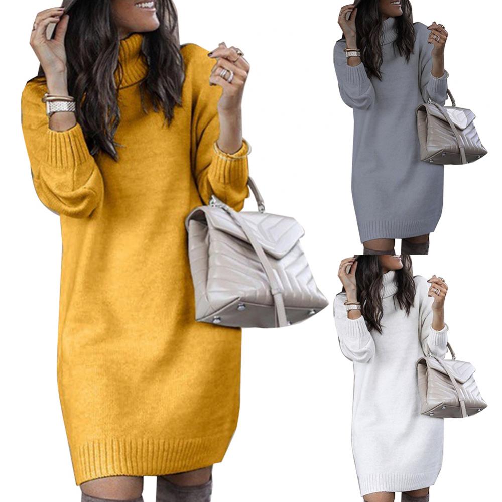 Women's Turtleneck Knitted Sweater Dress – Loose Fit Knee-Length Winter Pullover