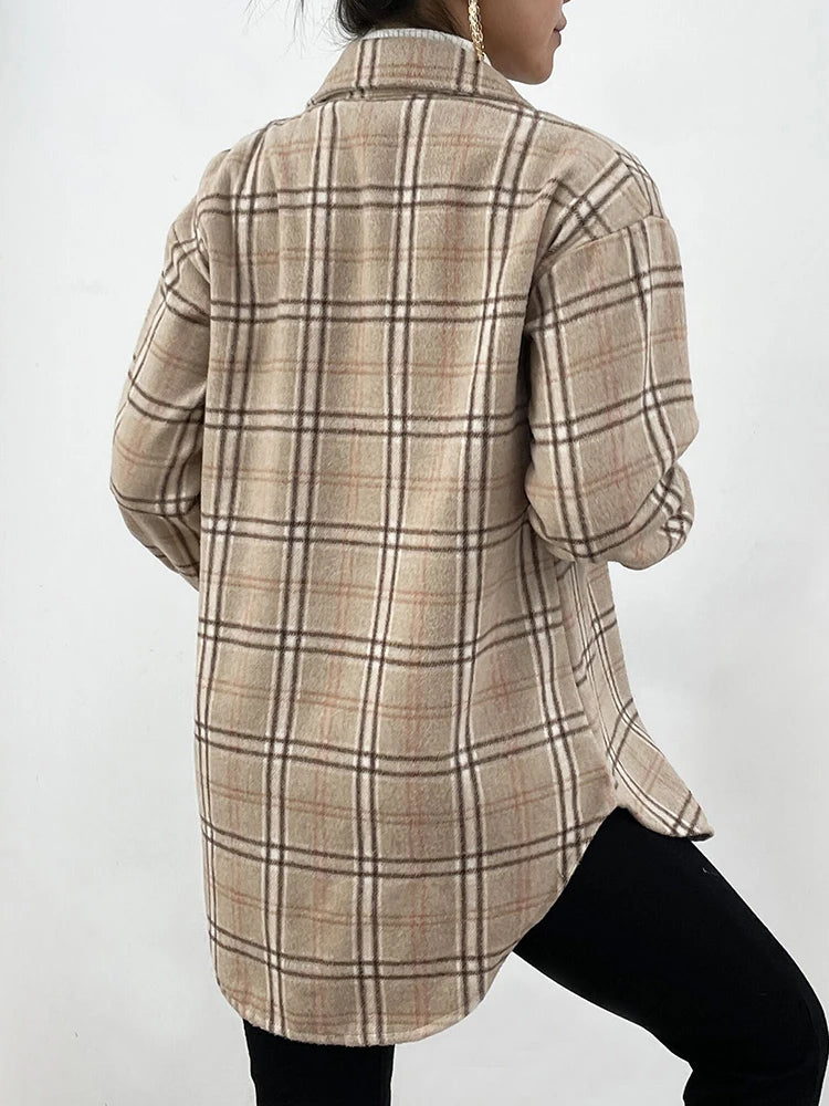 Autumn Spring Vintag Plaid Shirt Women Casual White Long Sleeve Pocket Collared Shirts Top Clothes Fashion New 2023 Fall - Mammalook