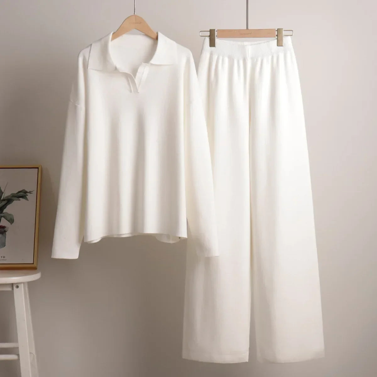 Two-Pieces Set -  Polo Neck Sweater & Wide Leg Pants Knitted Outfit