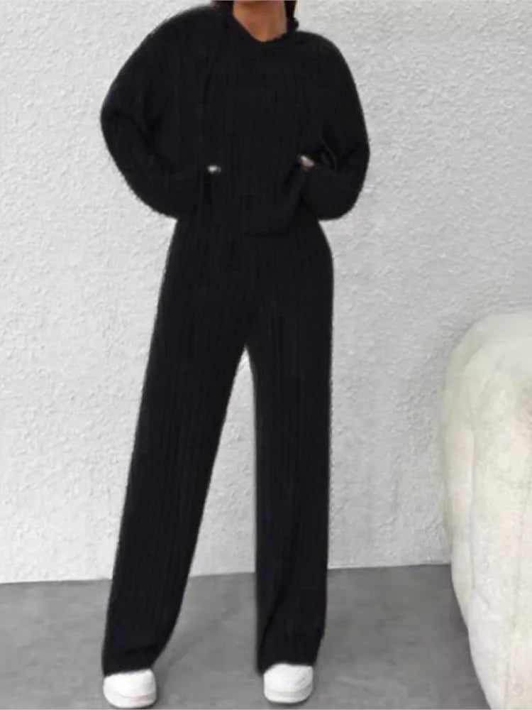 Two-piece Set - Casual Knitted Striped Hooded Sweatshirt Loose Long Sleeved, Long Pants