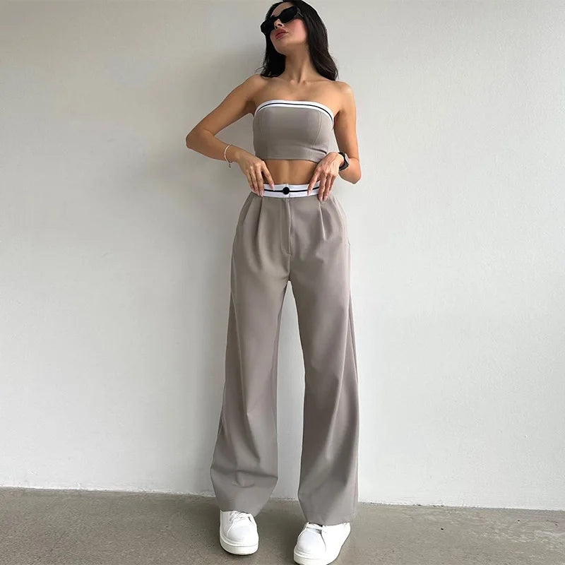 Two-Piece Solid Color Sleeveless Vest - Bra, Buttoned Pants Set