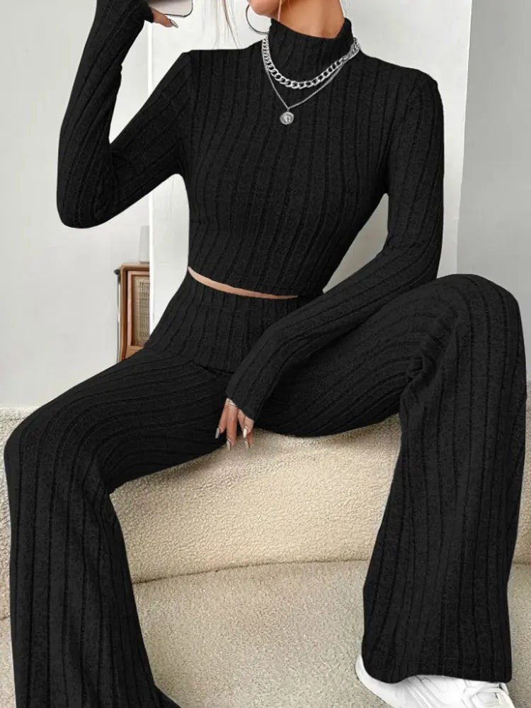 Two Piece Set - Knit Striped Long Sleeve T-Shirt and Pants
