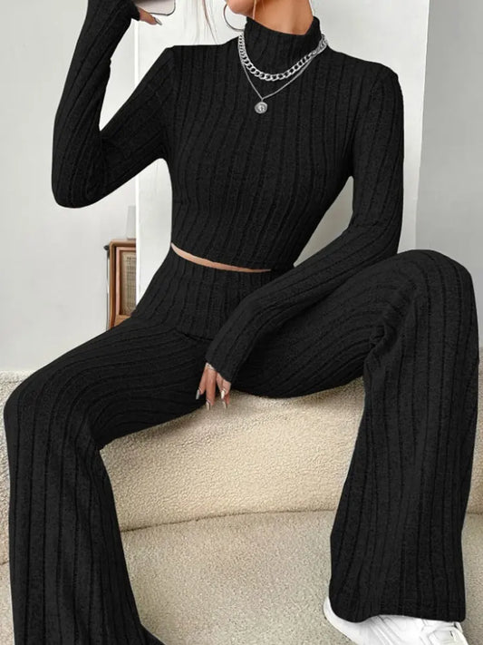 Two Piece Set - Knit Striped Long Sleeve T-Shirt and Pants