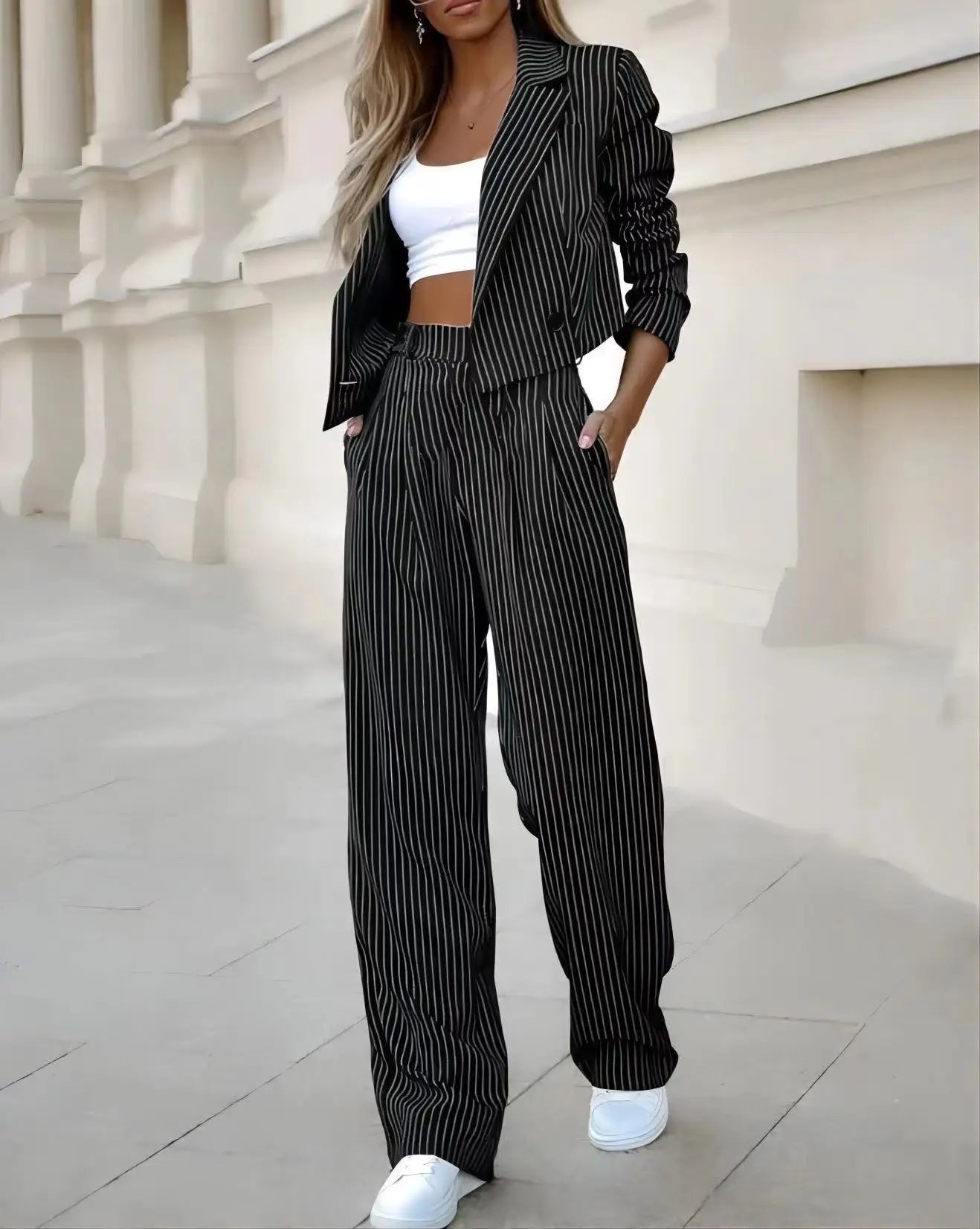 Striped Tracksuit – Two-Piece Set with Long Sleeve Cardigan & Wide-Leg Pants