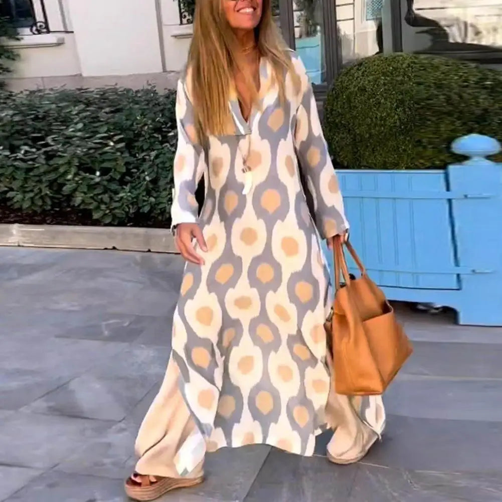 Women Maxi Dress Printing V-neck Beach Dress Hem Slit Contrast Color Maxi Dress Long Sleeves Lady Summer Dress Female Clothes - Mammalook