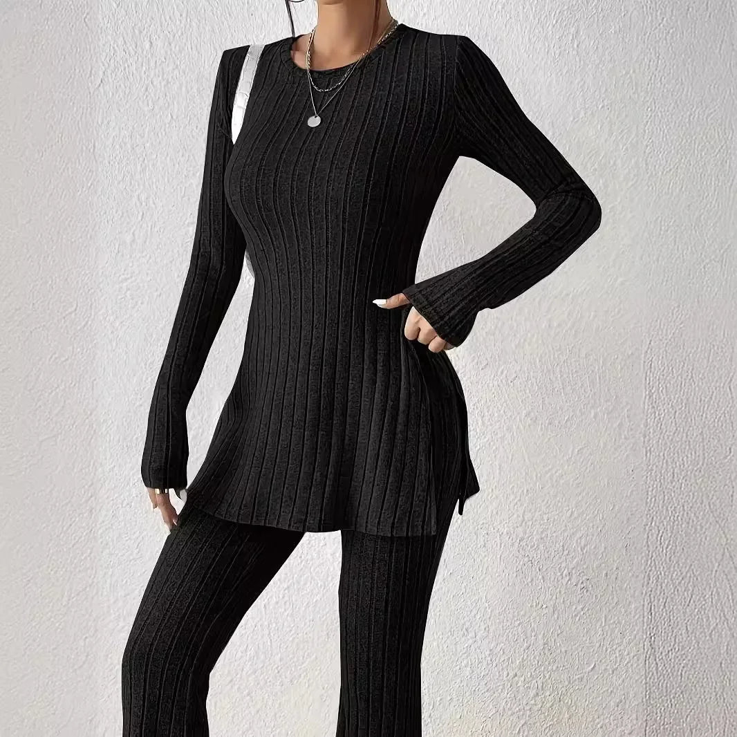 Ribbed Knit Loungewear Set – Long Sleeve Top & Trousers