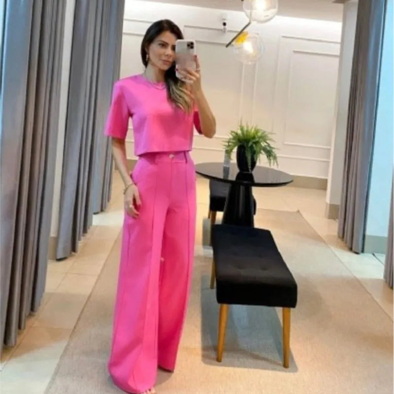 Two-Piece Set: Short Sleeve Top with Wide-Leg Long Pants