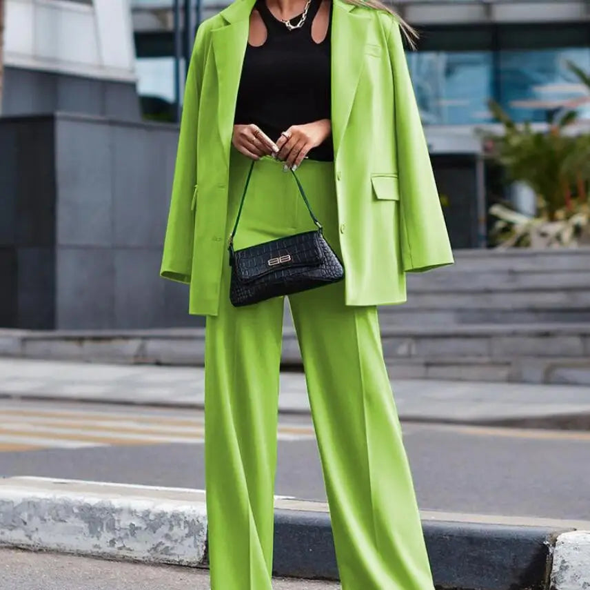 Solid Turn-Down Collar Coat & Wide Leg Trousers