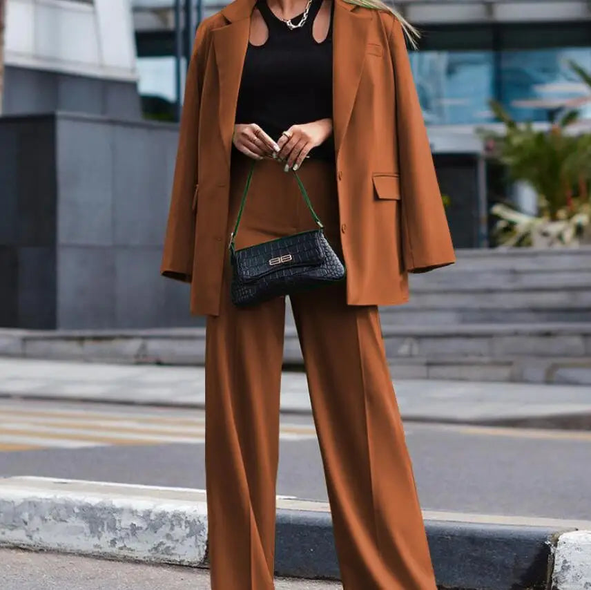 Solid Turn-Down Collar Coat & Wide Leg Trousers