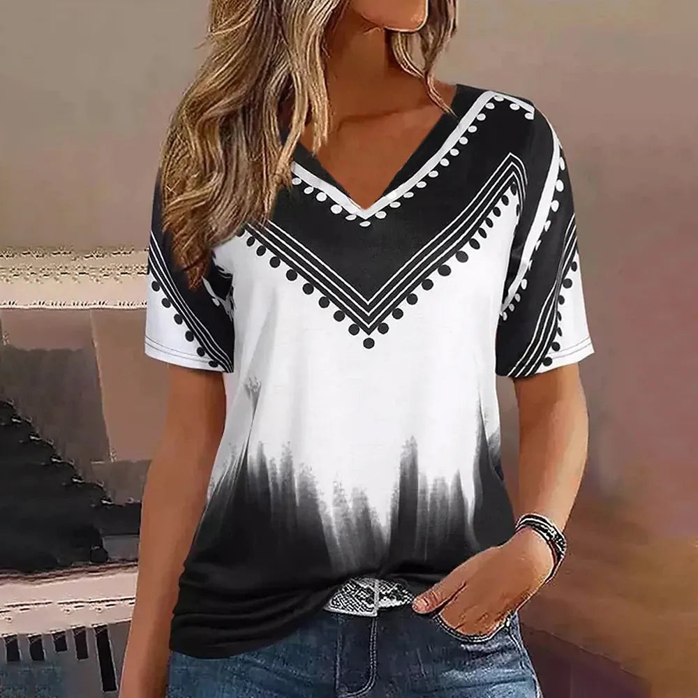 Fashion Women T Shirt Stripes Print Gradient V Neck Short Sleeve Basic Tops Streetwear Summer Oversized Clothing Female T-Shirts - Mammalook