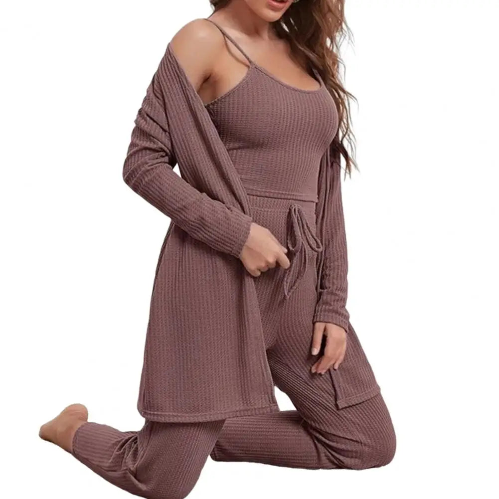 3-Piece Set - Sleeveless Tank Crop Top With Leg Waist Pants + Long Sleeve Cardigan Coat