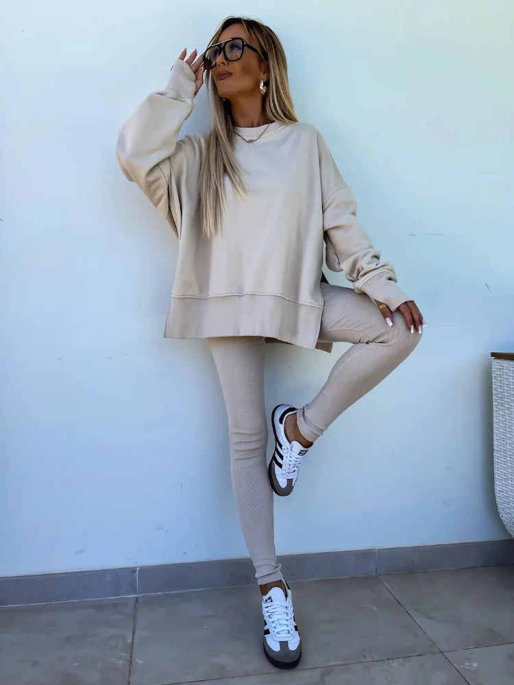 Two-Piece Tracksuit: Solid Loose Sweatshirt with Split Pullover and Pencil Pants